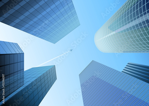 blue city and airplane in the sky