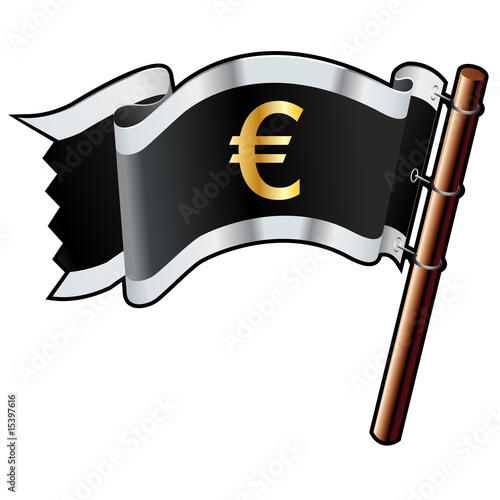 Euro currency symbol on black, silver, and gold vector flag
