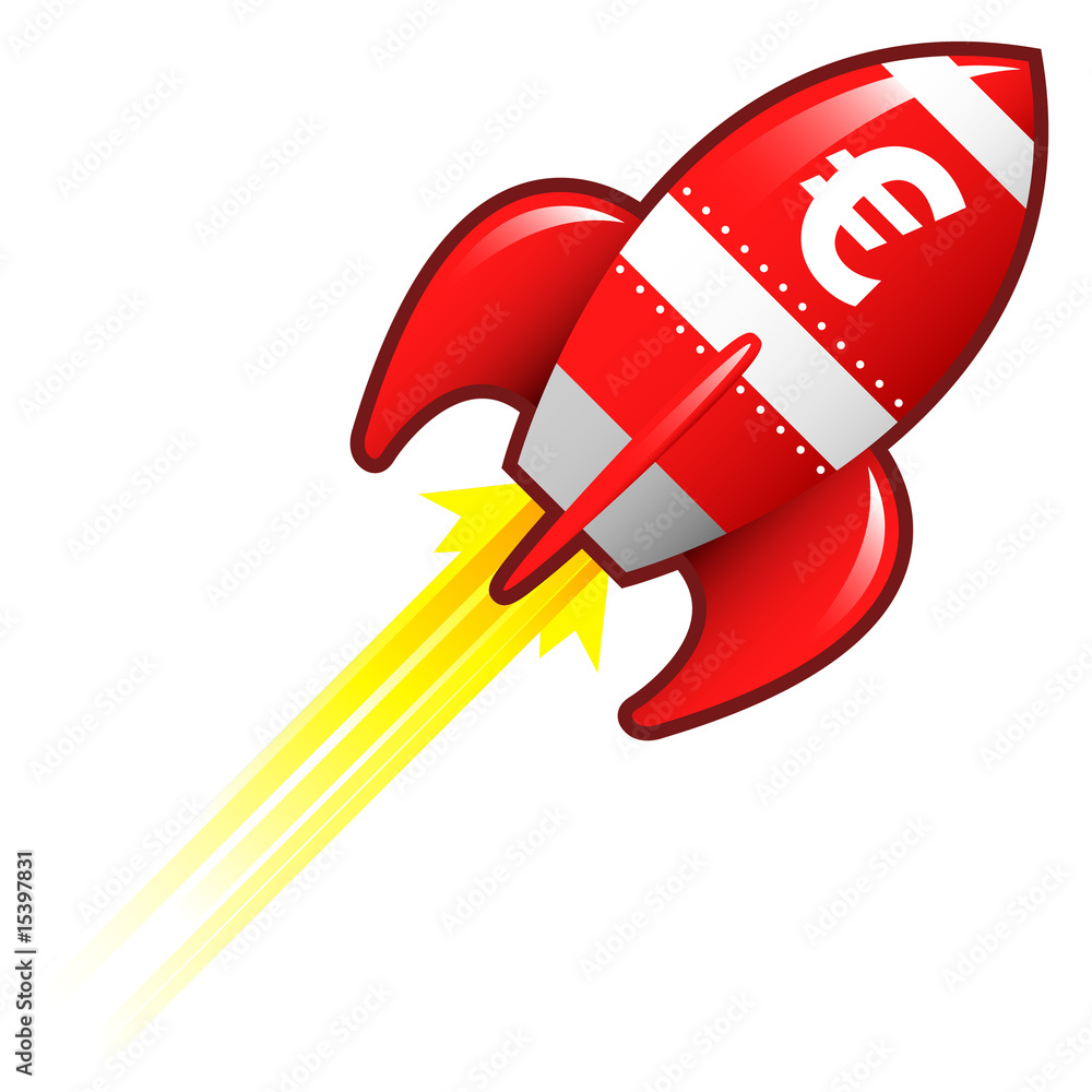 Euro currency symbol on red retro rocket ship
