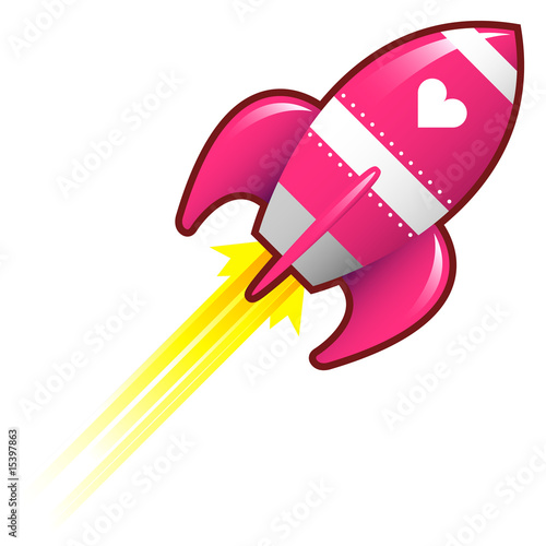 Heart or love icon on pink retro rocket ship illustration