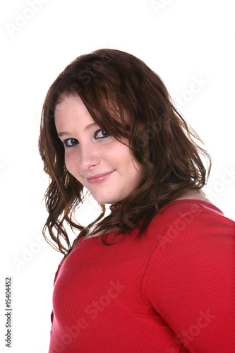 heavy set teenage girl in red sweater