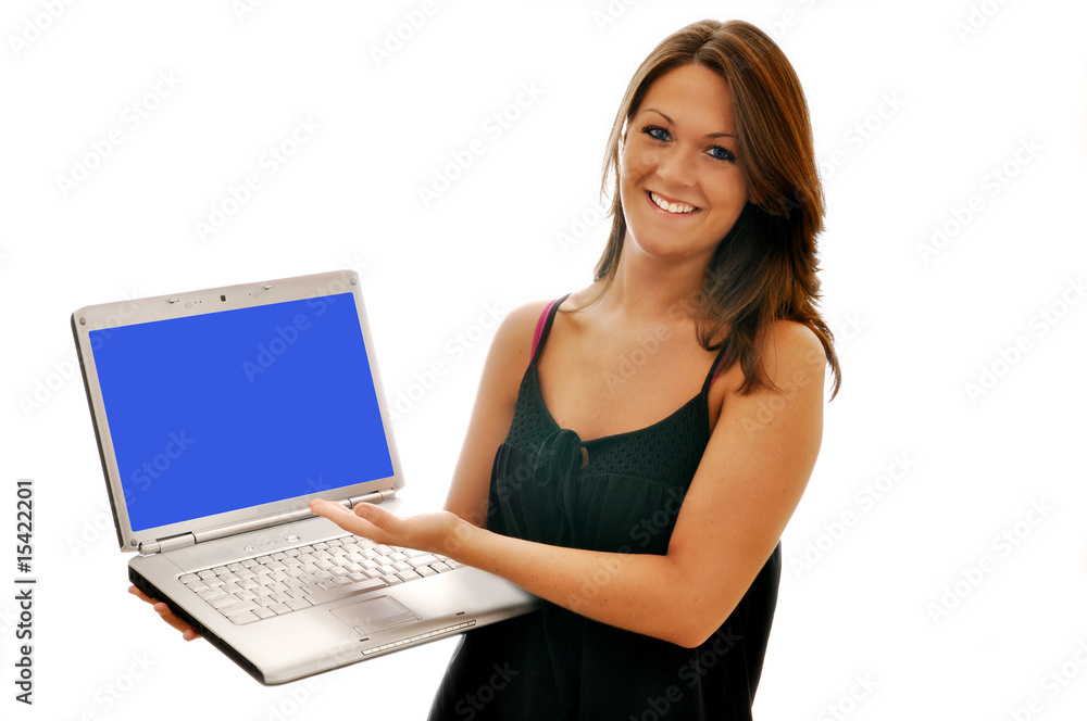Smiling Girl Pointing at Computer Isolated Smiling Girl Pointing at Computer Isolated