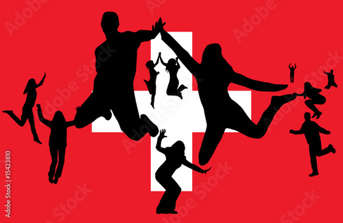 Flag of switzerland and people jumping
