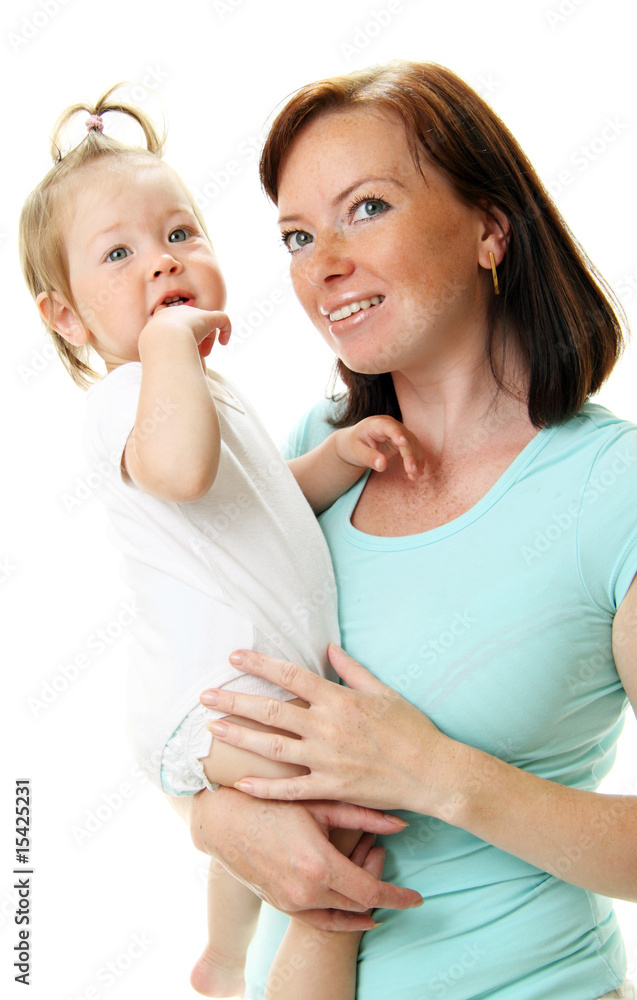 Picture of happy mother with baby over white Picture of happy mother with baby over white