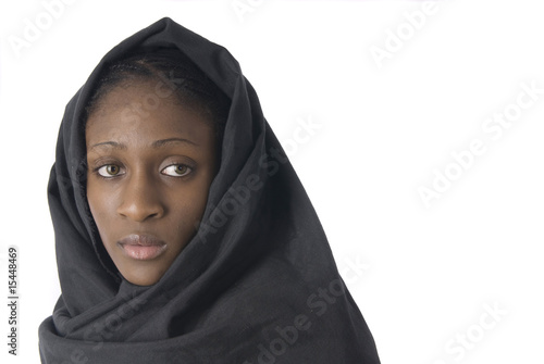 muslim woman with black veil in white background