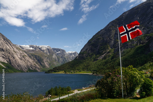 Norwegian Flag at Hardangerfjord, Norway