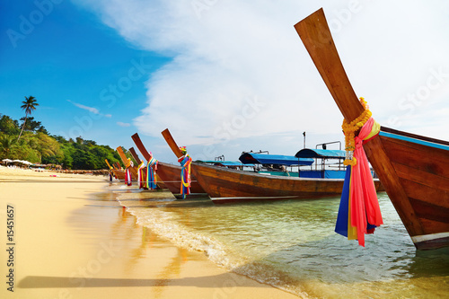 Tropical beach, long tail boats, Thailand