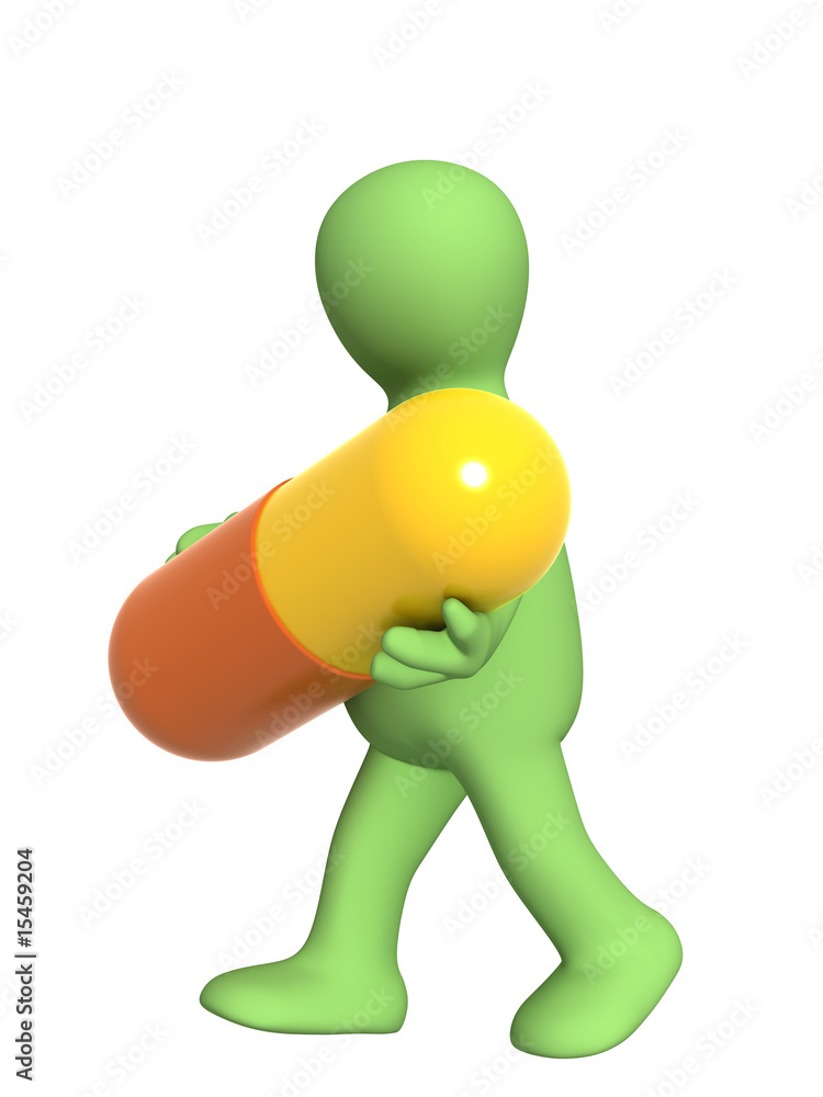3d puppet, carrying the big bright pill 3d puppet, carrying the big bright pill