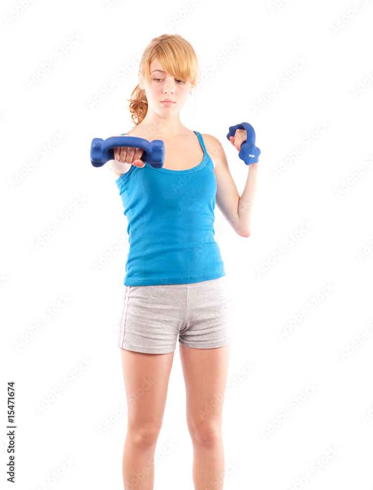 Blonde girl doing fitness, isolated on white Blonde girl doing fitness, isolated on white