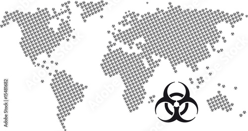 Map of the world made by hundreds of bio-hazard symbols.