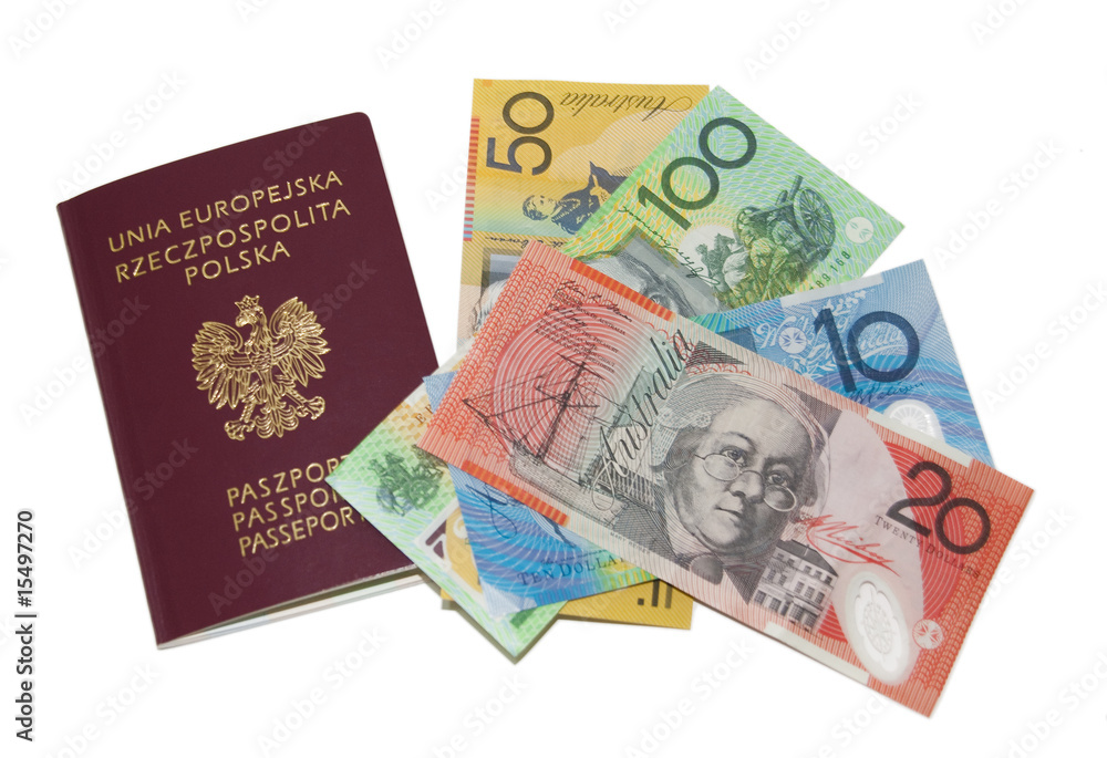 red passport, Australian money, isolated on white. red passport, Australian money, isolated on white.