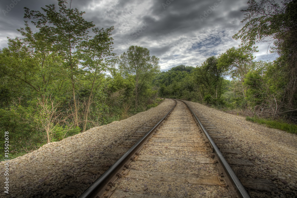 HDR image of railroad tracks through forest