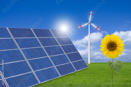 Solarzellen, Windrad, Sonnenblume