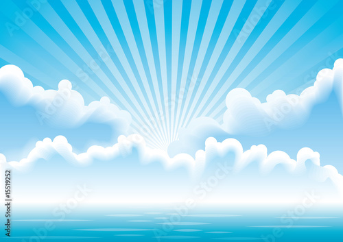 Vector calm sea with clouds and sun rays