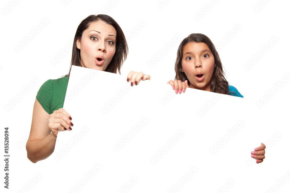 Pretty Hispanic Girl and Mother Holding Blank Board Pretty Hispanic Girl and Mother Holding Blank Board