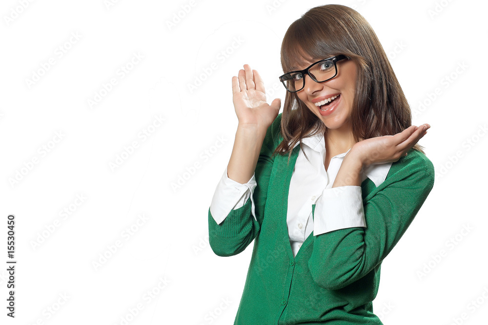 Young pretty office woman in green jacket and bid black glasses Young pretty office woman in green jacket and bid black glasses