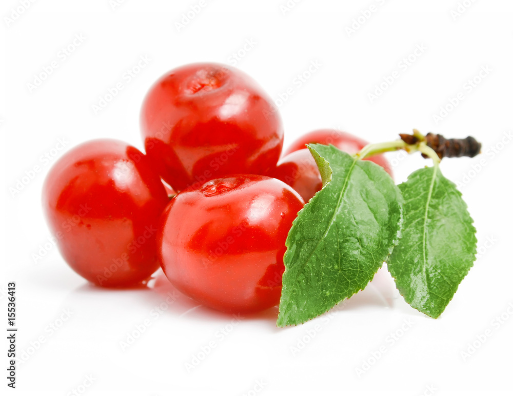 fresh red cherries with green leaves fresh red cherries with green leaves