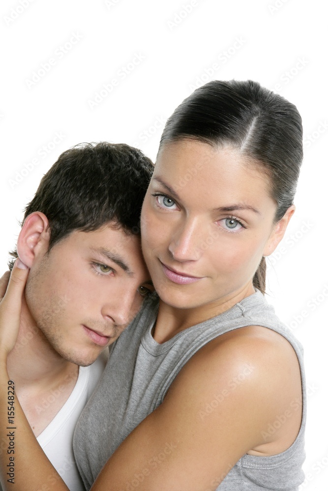 Beautiful young fresh modern couple hug on white Beautiful young fresh modern couple hug on white