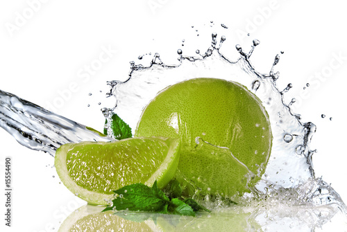 Water splash on lime with mint isolated on white #15554490