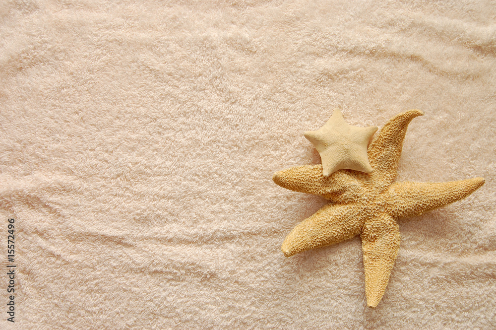 Two starfishes on colorful beach towel