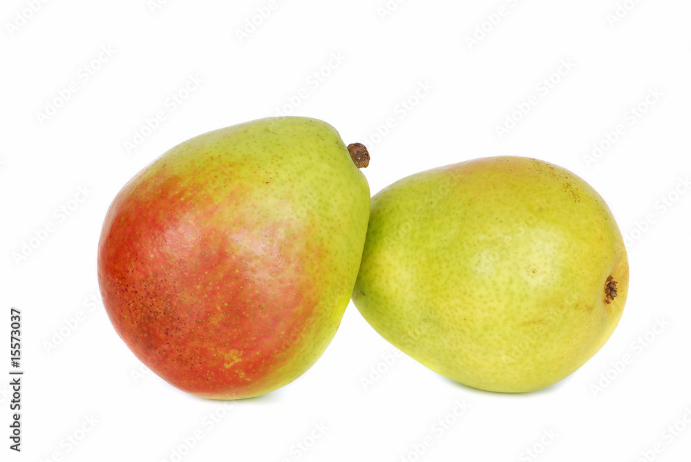 Two  green pears over white background.