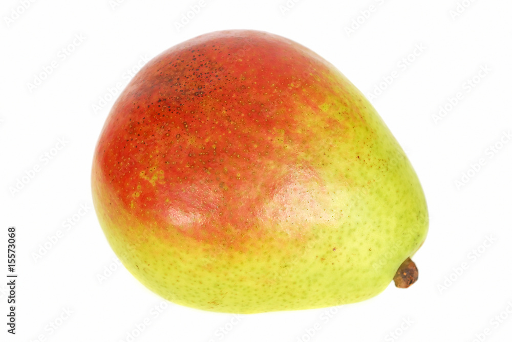 One green pear over white background closeup. One green pear over white background closeup.