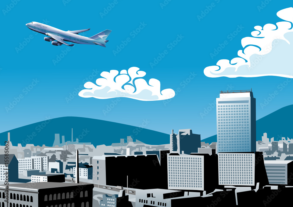 City skyline mit startendem Flugzeug, Illustration