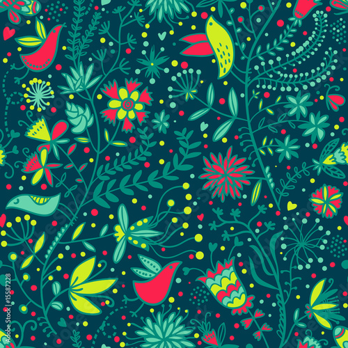 Floral seamless pattern with cartoon birds