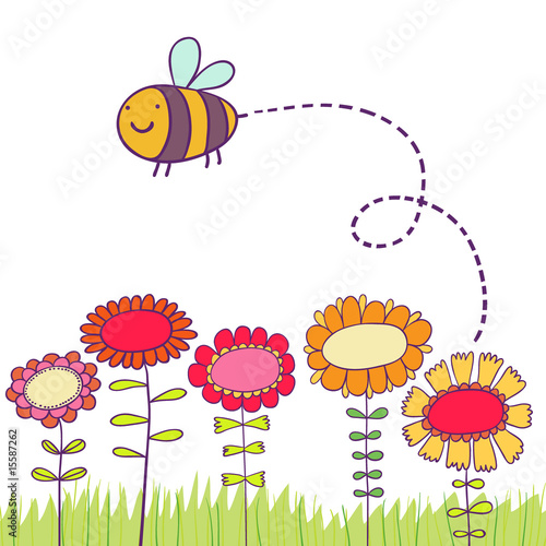 Cartoon bee flying over flowers #15587262