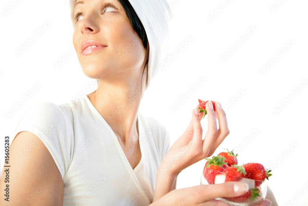 Young woman with strawberries isolated on white background Young woman with strawberries isolated on white background