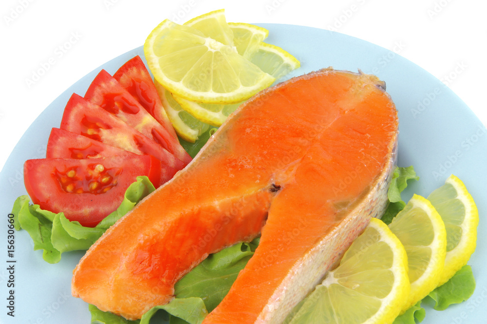 salmon steak on blue dish