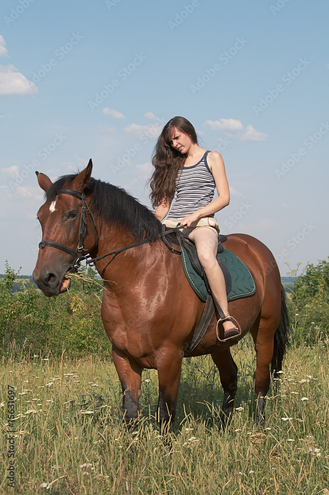Fototapeta premium Girl sits on horseback