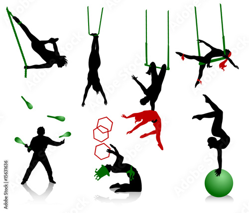 Silhouettes of circus performers. Acrobats and jugglers.