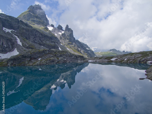reflection in a lake in the swiss mountains