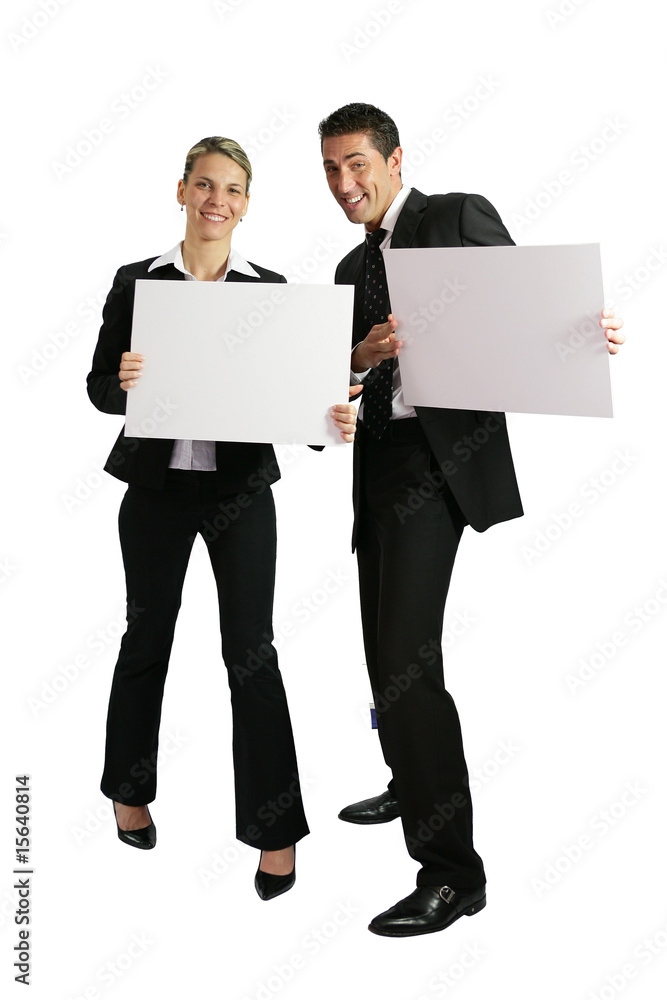 Commerciaux en costume avec pancartes pour message Commerciaux en costume avec pancartes pour message