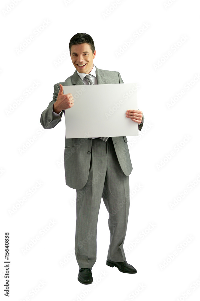 homme en costume avec pancarte pour message homme en costume avec pancarte pour message