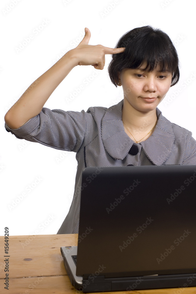 Business Woman Stress Using Laptop on White Background Business Woman Stress Using Laptop on White Background