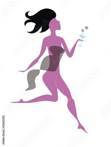 Purple sexy girl running and drinking a cocktail