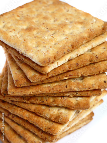 Tower of integral crackers on white background