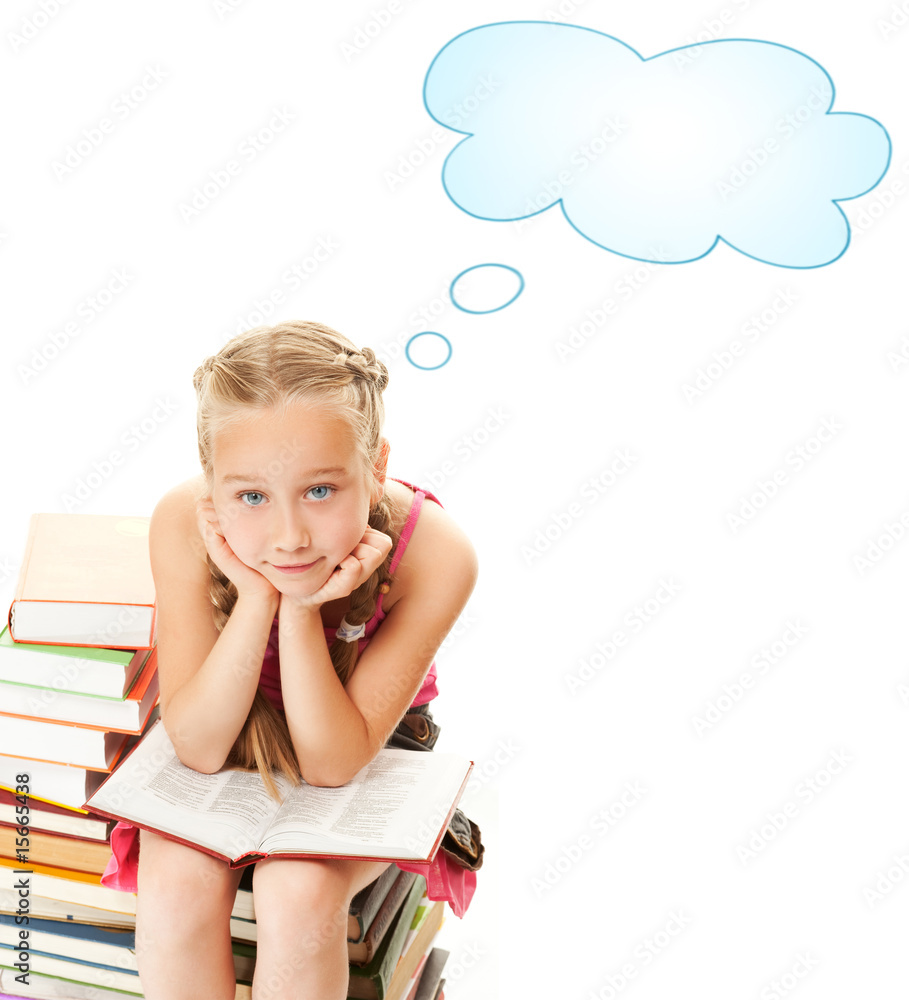 Little schoolgirl sitting on a stack of books.... Little schoolgirl sitting on a stack of books....
