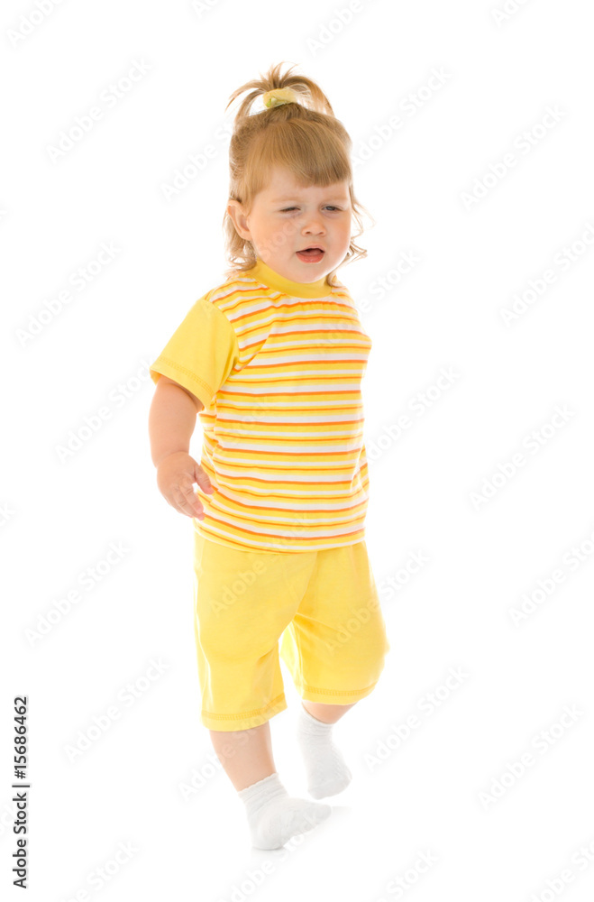 Walking girl in yellow shirt and pants Walking girl in yellow shirt and pants