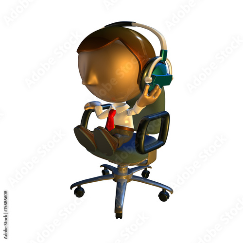 3d business man character sitting in a chair with headphones