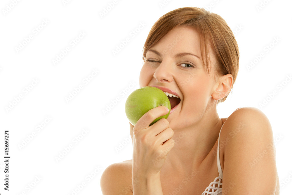 Portrait of young beauty woman with green apple Portrait of young beauty woman with green apple