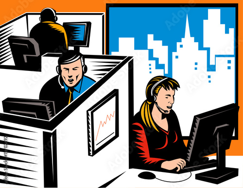 Telemarketers at work in a cubicle office