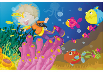 Handdoek met foto Onderwaterwereld School vissen in blauwe zee  © GraphicsRF