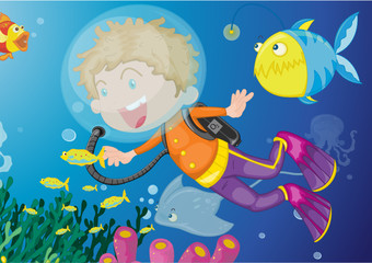 Handdoek met foto Onderwaterwereld Duiker zwemt in diepblauwe zee  © GraphicsRF