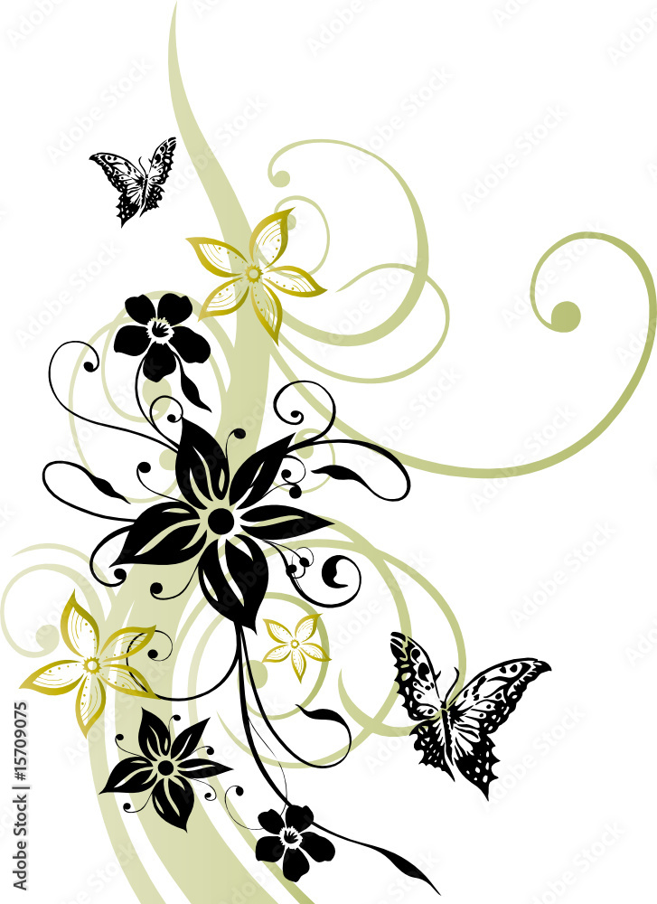 Blume, Ranke, filigran, floral mit Schmetterlingen