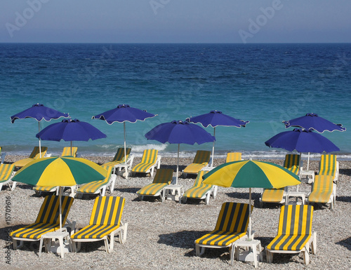 Beach with beds and umbrellas