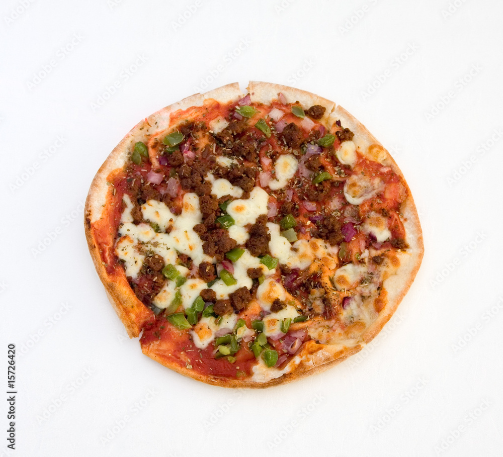 Isolated green pepper and spicy beef pizza