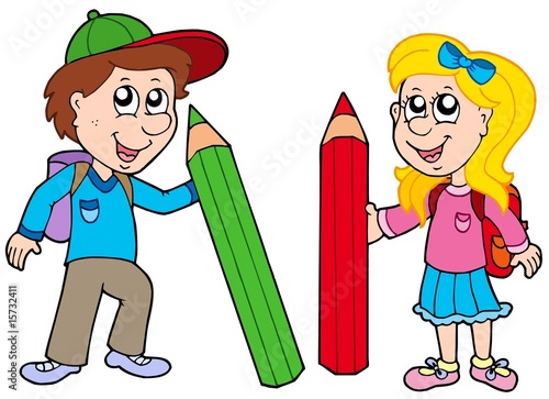 Boy and girl with giant crayons